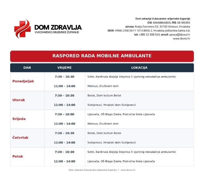 Raspored rada mobilne ambulante Doma zdravlja VSŽ 1 Mobilna ambulanta Custom